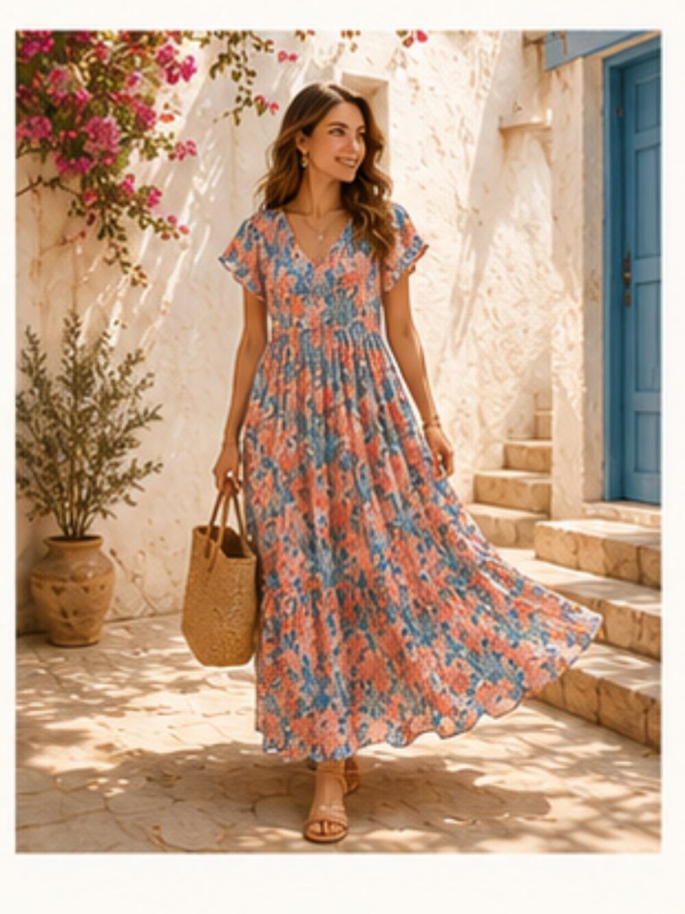 STITCH by Chenault Coastal Coral Maxi Dress XXL Mediterranean Resort Cotton